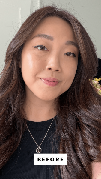 Allure contributing commerce writer Christa Joanna Lee before applying the Gisou Honey Infused Hair Oil