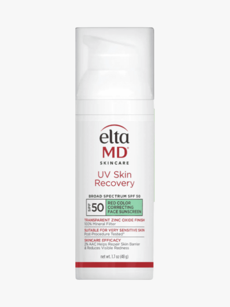 UV Skin Recovery Red Color Correcting SPF 50 Sunscreen on a grey background