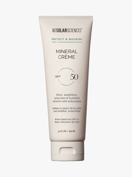 MD Solar Sciences Mineral Cream SPF 50 in branded tube component on a light gray background