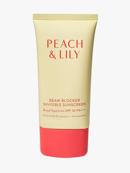 Peach & Lily Beam Blocker Invisible Sunscreen SPF 30 in branded tube component on a light gray background